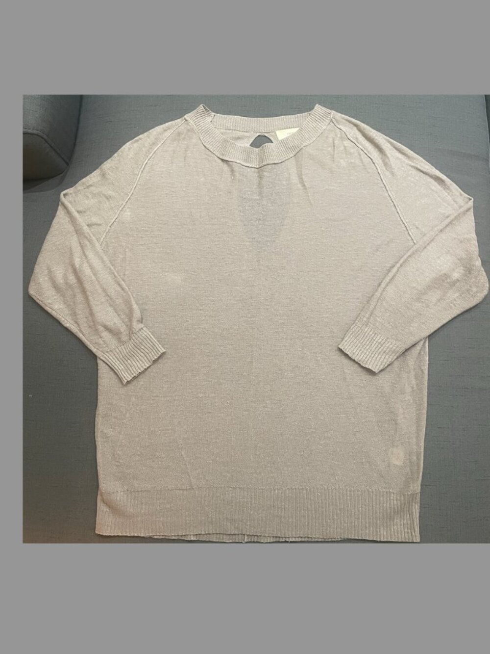 INHABIT Open Cutout Back Lightweight Linen Sweater Cappuccino SZ M 3/4 Sleeve
